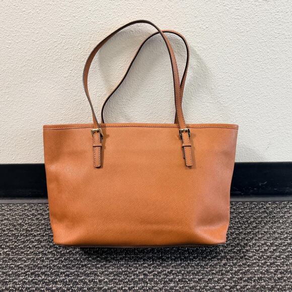 Michael Kors Jet Set Tote Womens Handbag Purse Brown Saffiano Gold Accents - Picture 9 of 15